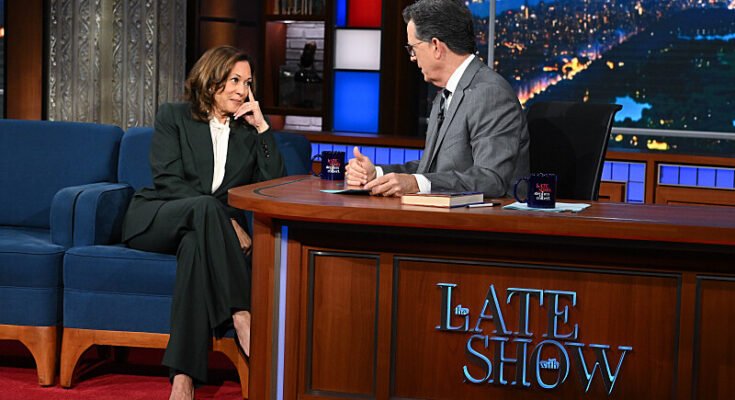 The Late Show with Stephen Colbert and guest Vice President Kamala Harris during Thursday’s July 31, 2025 show. Photo: Scott Kowalchyk ©2025 CBS Broadcasting Inc. All Rights Reserved.