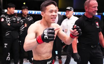 LAS VEGAS, Nevada - 17. toukokuuta: Hyunsung Park Etelä -Koreassa reagoi voiton jälkeen Carlos Hernandezia vastaan perhopainotaistelussa UFC -illan yönä UFC Apex -tapahtumassa 17. toukokuuta 2025 Las Vegasissa, Nevadassa. (Kuva Jeff Bottari / Zuffa LLC: stä)