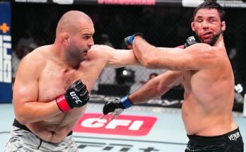 Abu Dhabi, Yhdistyneet arabiemiirikunnat - 26. heinäkuuta: (LR) Martin Buday de Slovakia Hits Marcus Buchecha du Brasilia raskaansarjan taistelussa UFC Fighting Night -tapahtuman aikana Etihad Arenalla 26. heinäkuuta 2025 Abu Dhabissa, Arabiemiirikunnat. (Kuva Chris Unger / Zuffa LLC: stä)