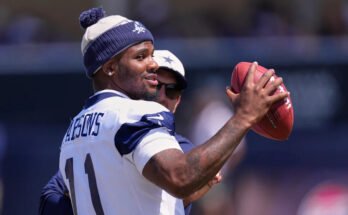 Dallas Cowboys Micah Parsonsin puolustava hyökkääjä on kentällä fragmentin aikana harjoitusleirillä Los Angelesin Ramsia vastaan, tiistaina 5. elokuuta 2025, Oxnardissa, Kaliforniassa (AP Photo / Mark J. Terrill)
