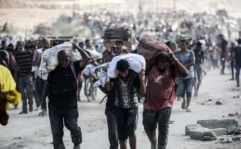 Palestiinalaiset kantavat laukkuja ja laatikoita taitettuna pahvilaan, kun ne tulevat takaisin Yhdysvaltojen johtamasta elintarvikkeiden jakelupisteestä ja Yhdysvaltojen tukemasta Gazan humanitaarisesta säätiöstä, lähellä Gazan keskuskaistalla sijaitsevaa Netsarim -käytävää lauantaina.