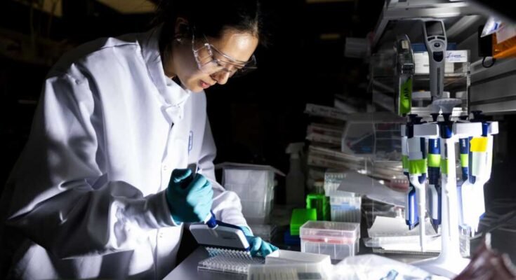 Tutkija työskentelee Modernan Inc. -yrityksen pääkonttorin laboratoriossa Cambridgessa, Massachusetts Moderna, on pyrkinyt kehittämään rokotteita mRNA -tekniikan avulla. Aiemmin tänä vuonna Trumpin hallinto veti satoja miljoonia dollareita, jotka osallistuivat influenssarokotteita koskevan tutkimuksen valmistajan tukemiseen, ja tällä viikolla se peruutti 500 miljoonan dollarin ylimääräisiä mRNA -rokotteita etsimissä laitoksissa.