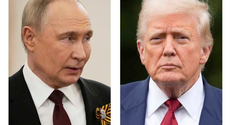 Tämä valokuvien yhdistelmä osoittaa Venäjän presidentti Vladimir Putinin, vasen, Moskova 9. toukokuuta 2025 ja presidentti Donald Trump Washingtonissa 1. elokuuta.