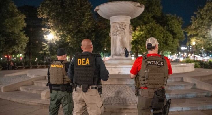 Huumehakemusviraston edustajat (DEA) käynnistävät huoltajuuden DuPont Circlessä osana lakien liittovaltion käyttöönottoa kansallisessa pääkaupungissa 10. elokuuta Washington DC: ssä,
